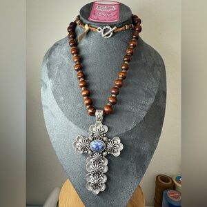 Handmade Silver and Brown Beaded Cross Necklace